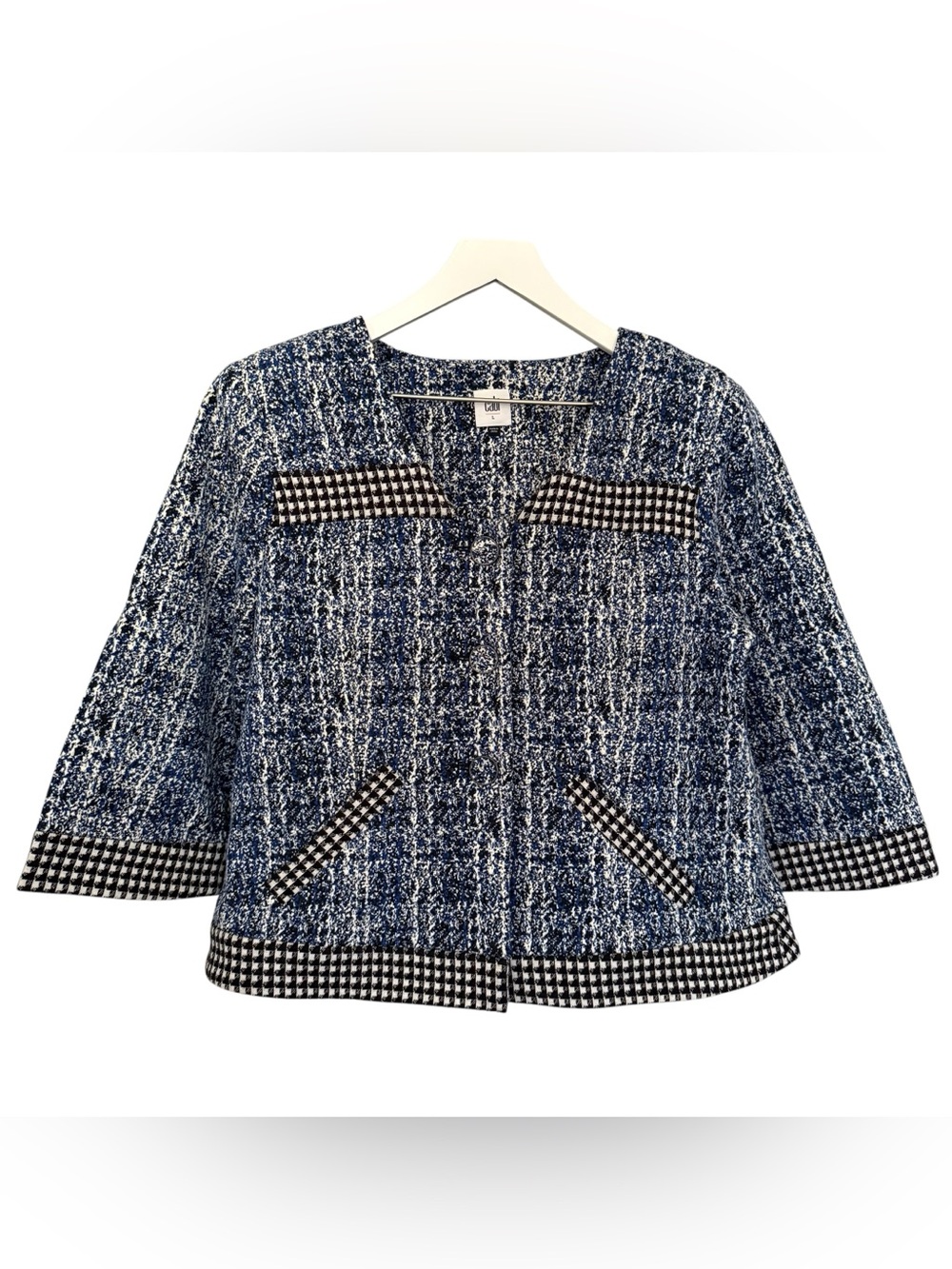 Cabi Blue White Marled Knit Blazer Women Large Trim Snap Front Jacket Style 5294